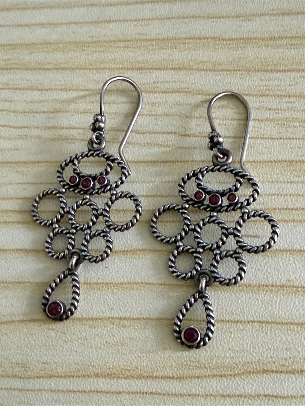 Pandora Silver-Tone Rope Loop Earrings with Red Stones